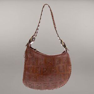 FENDI Logo SIgnature Leather Oyster Shoulder Bag Hobo Y2K Cognac whipstitch